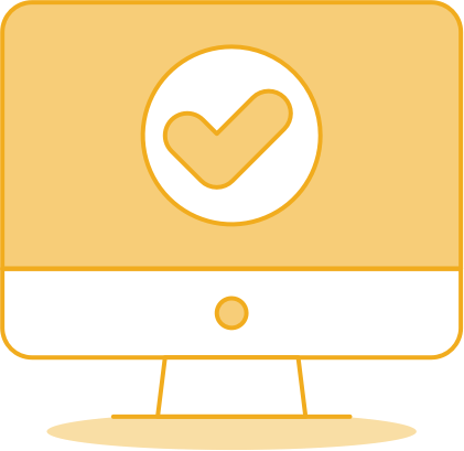 Yellow illustration of a desktop computer with a tick on the screen.