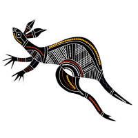 red, black and yellow dot painting of a kangaroo